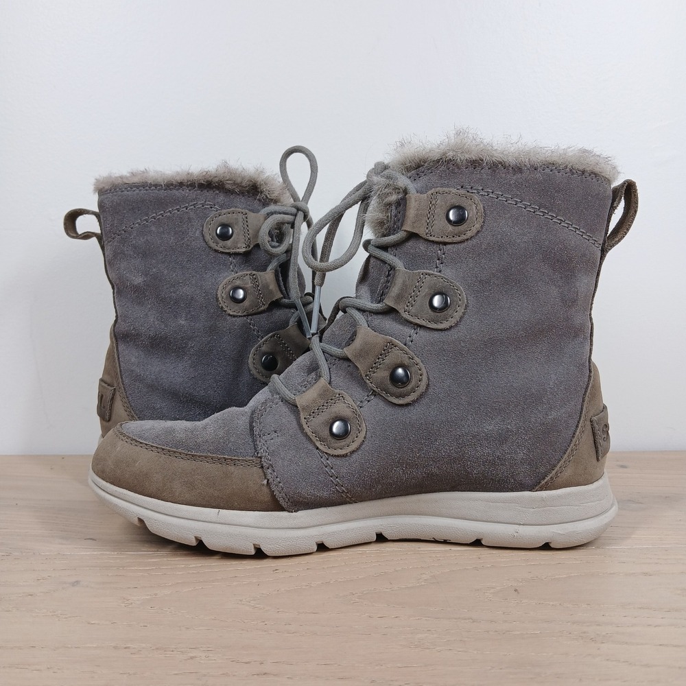 Sorel Boots Women 7.5 Gray Suede Lace Up Fur Lined Winter Cozy Outdoor - Picture 3 of 10